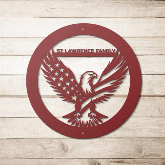 Custom Die-Cut Metal Signs personalize patriotic sign with an American bald eagle and flag motif