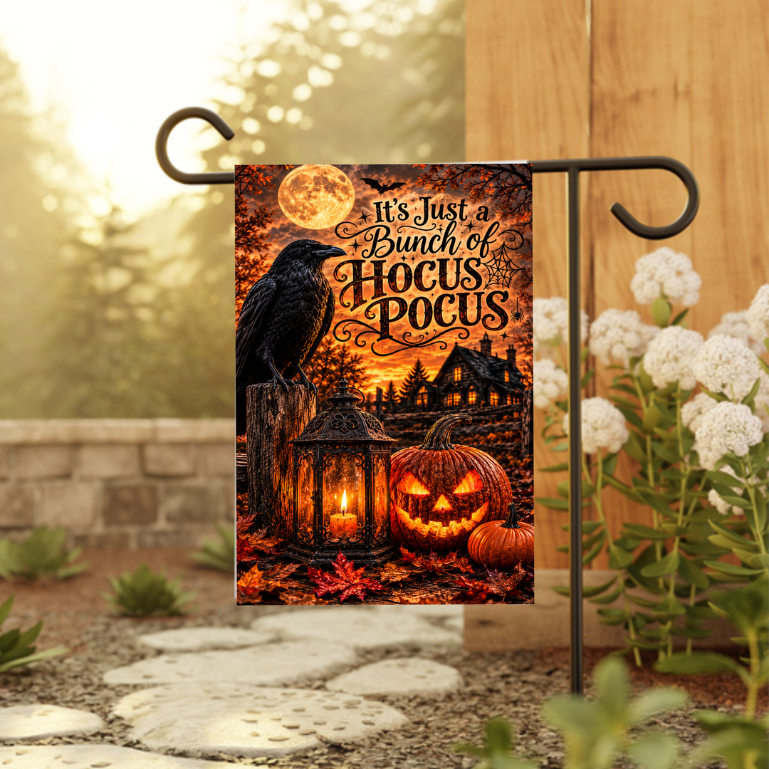 Hocus Pocus Halloween Garden Flag with Raven and Pumpkin