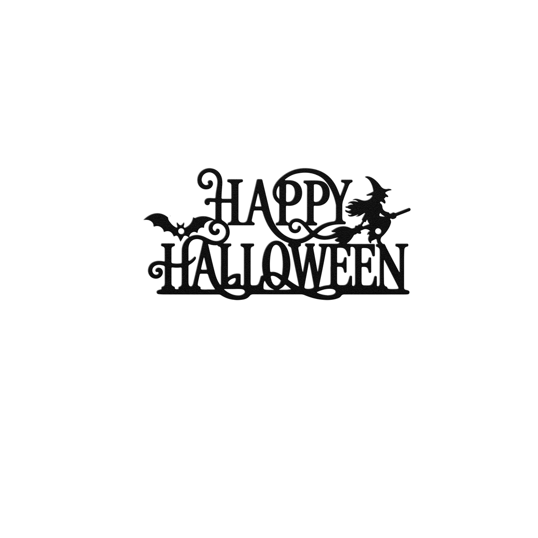 Happy Halloween Metal Sign with Witch and Bat Wall Decor