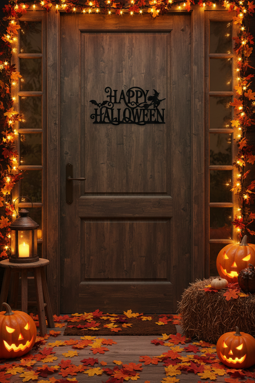 Happy Halloween Metal Sign with Witch and Bat Wall Decor
