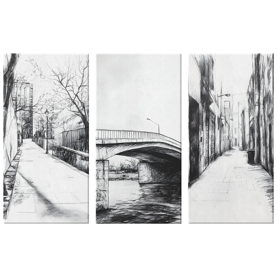 Charcoal Style Landscape Art - 3 Piece Canvas Set