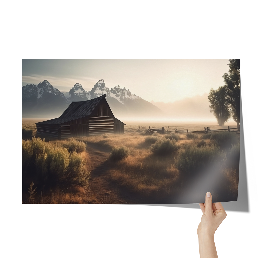 Cabin in the Mist with the Wyoming Tetons in the Background Poster: 36x24 Wall Art AnywherePOD