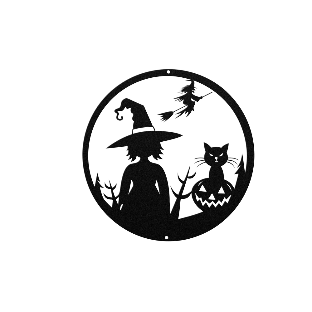 Die-Cut Metal Signs Halloween art with a witch and cat and a witch on a broomstick