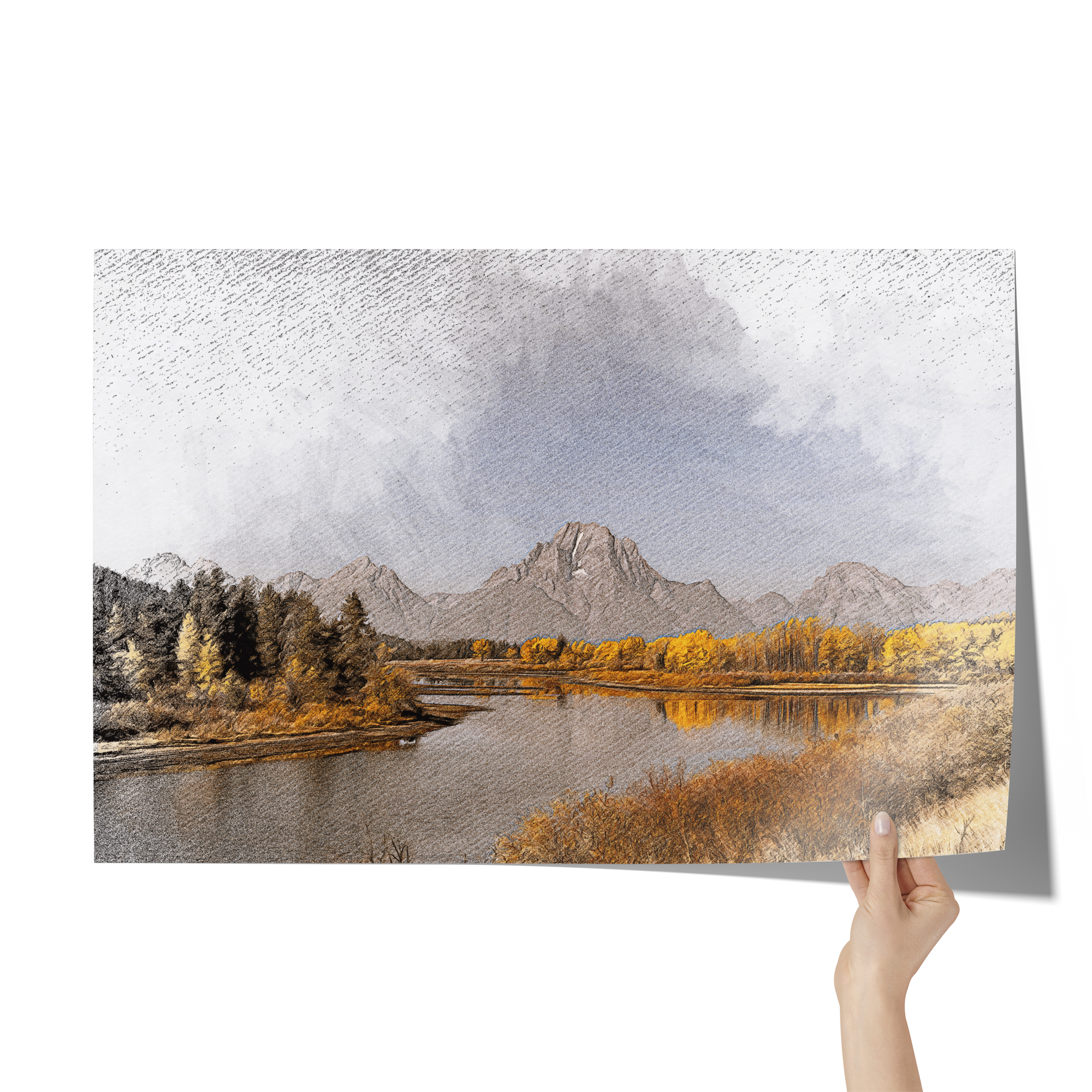 Poster: 36x24 Pencil Drawing Style Tetons Wall Art AnywherePOD