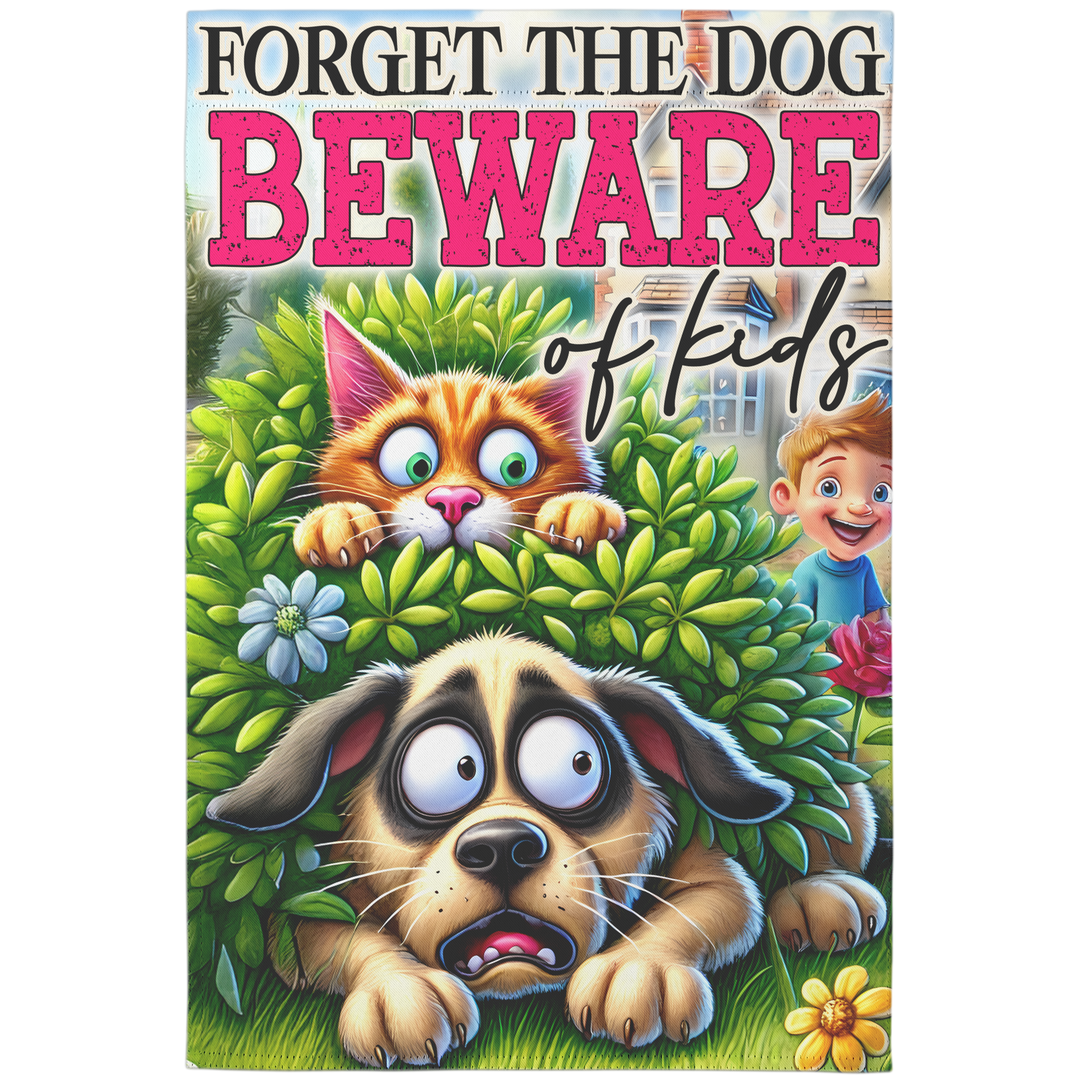 Funny Garden Flag - Beware of Kids Sign with Cat and Dog