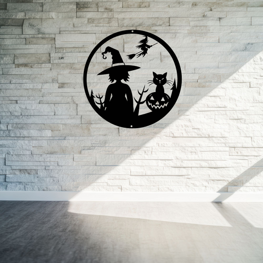 Halloween Witch and Cat Metal Wall Art Sign