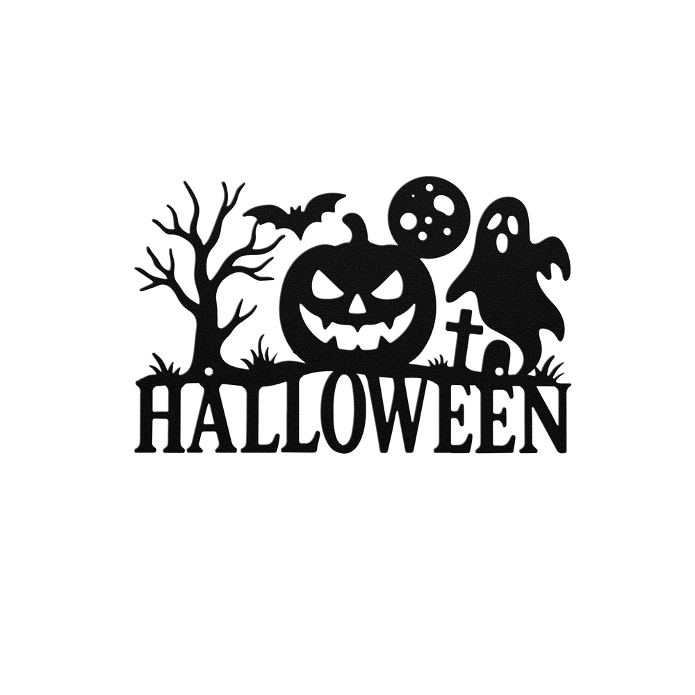Halloween Metal Sign with Pumpkin, Ghost, Bat and Tree