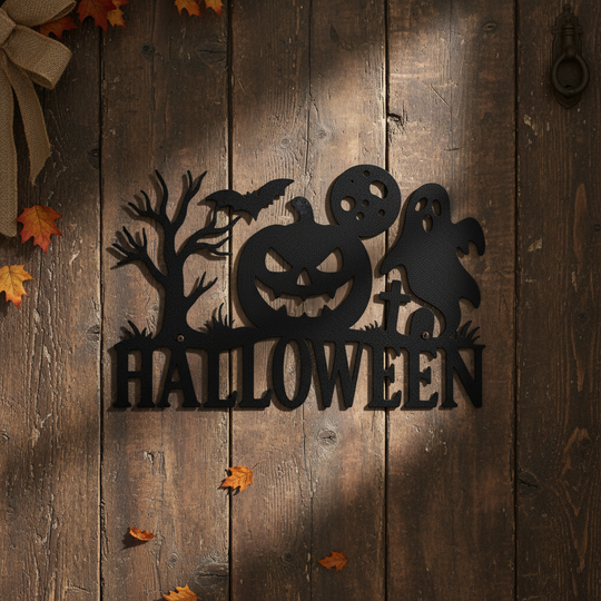 Halloween Metal Sign with Pumpkin, Ghost, Bat and Tree