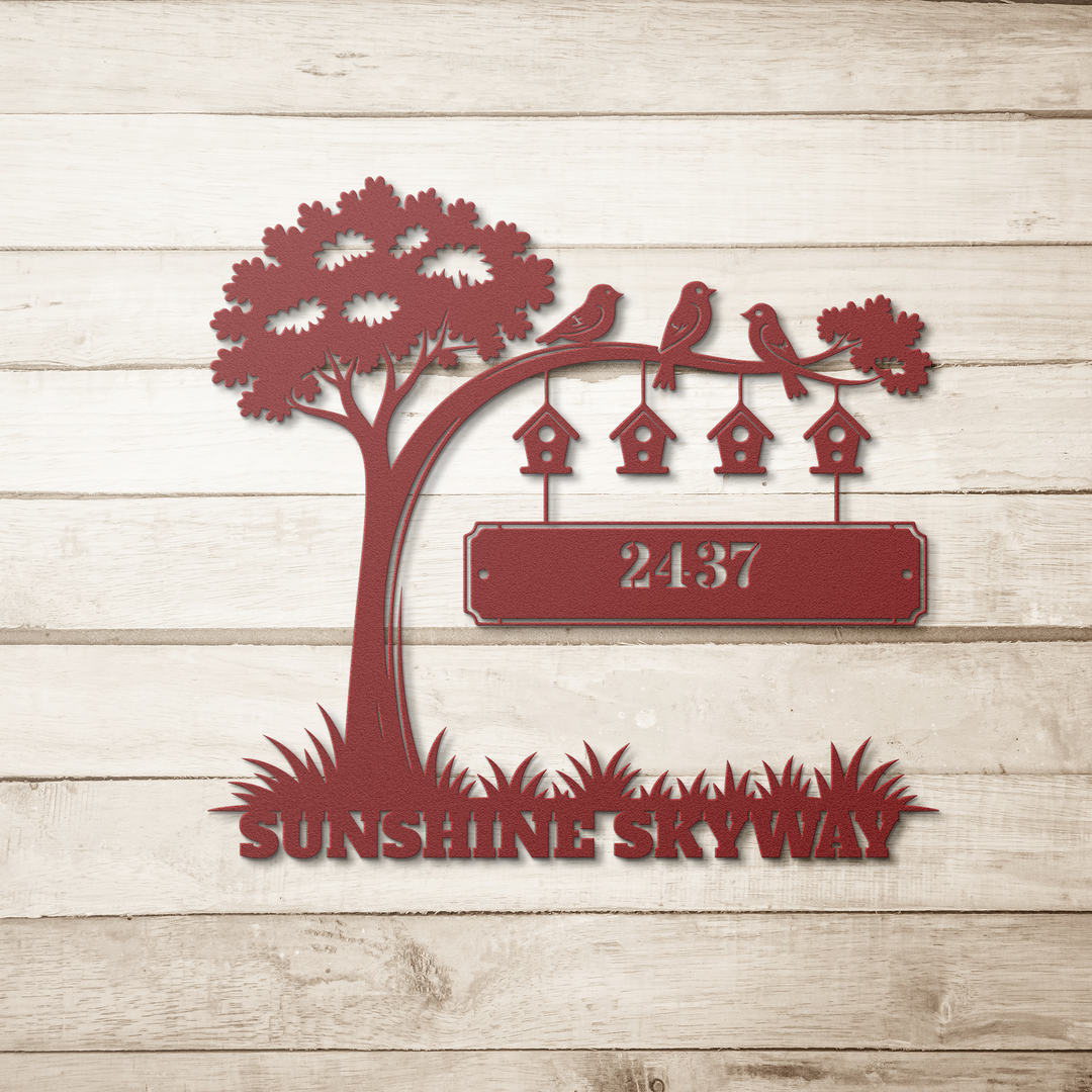 Personalized Metal Address Sign - Elegant Outdoor Plaque tree and birds