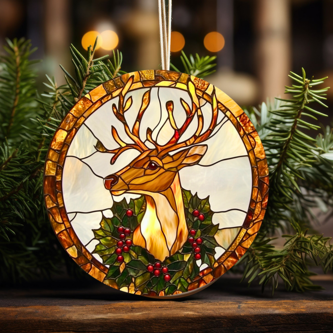 Stained Glass Reindeer Ornament - Holiday Ceramic Decor