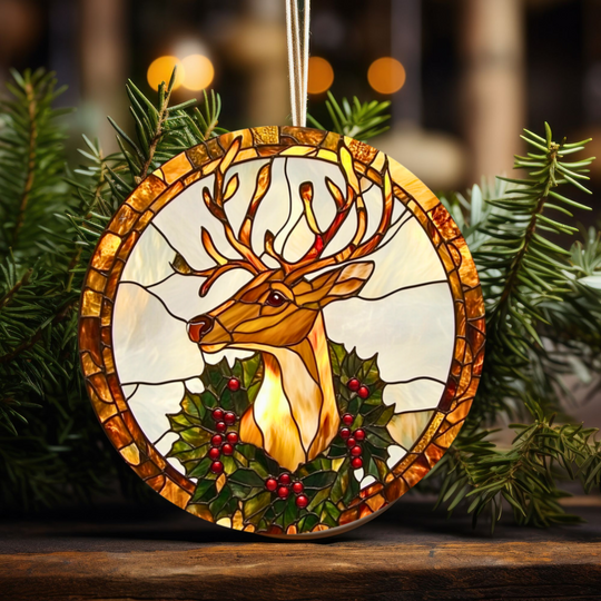Stained Glass Reindeer Ornament - Holiday Ceramic Decor