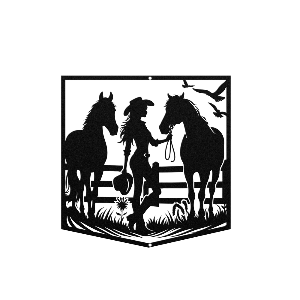 Die-Cut Metal Signs custom image of cowgirl with horses