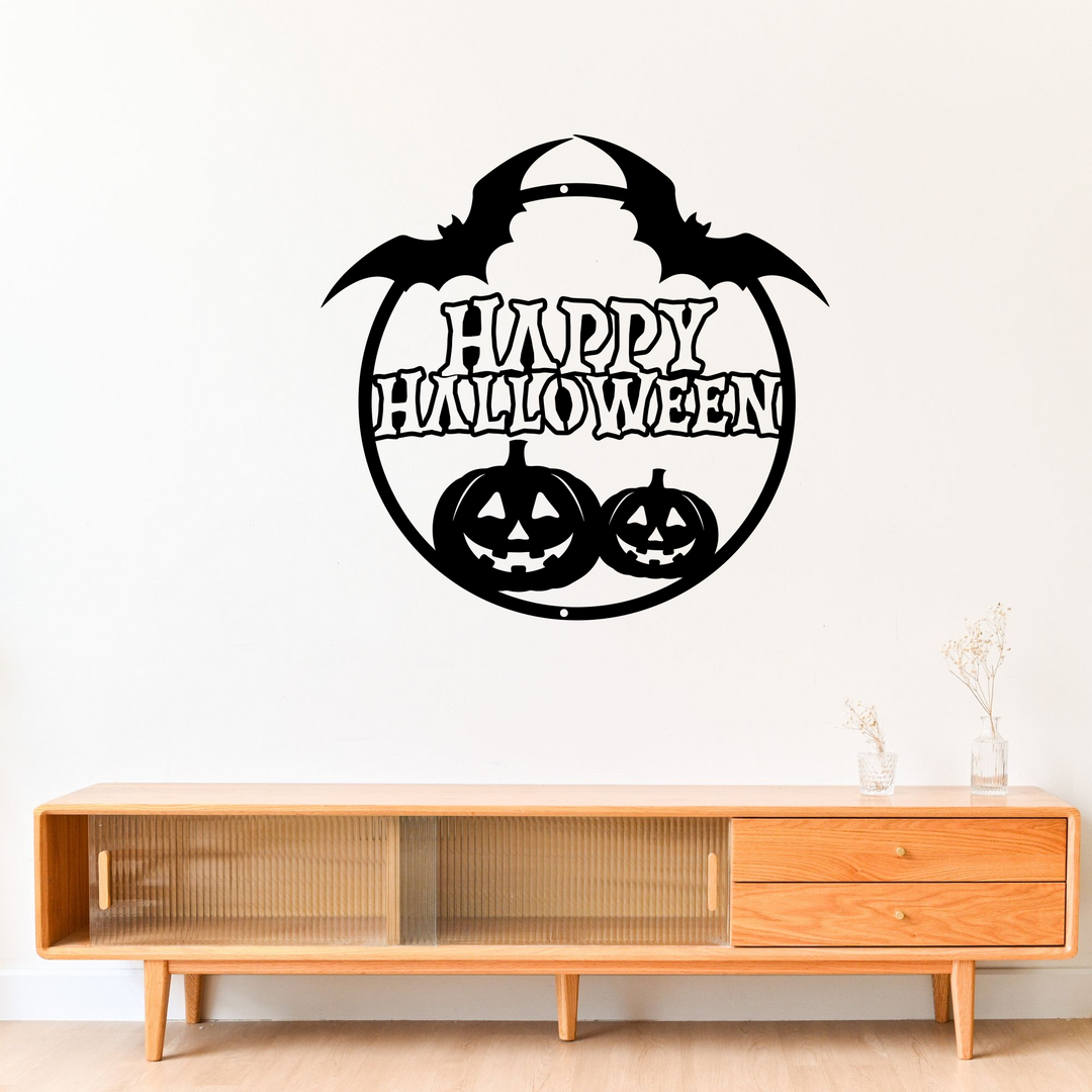 Happy Halloween Pumpkin and Bat Metal Wall Sign