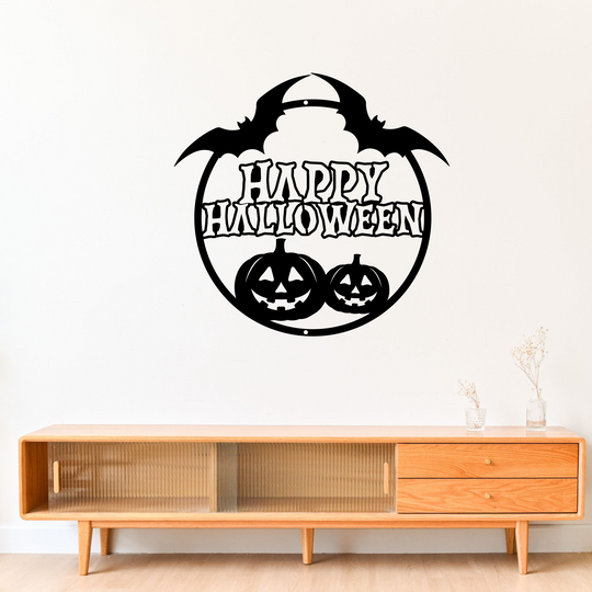 Happy Halloween Pumpkin and Bat Metal Wall Sign