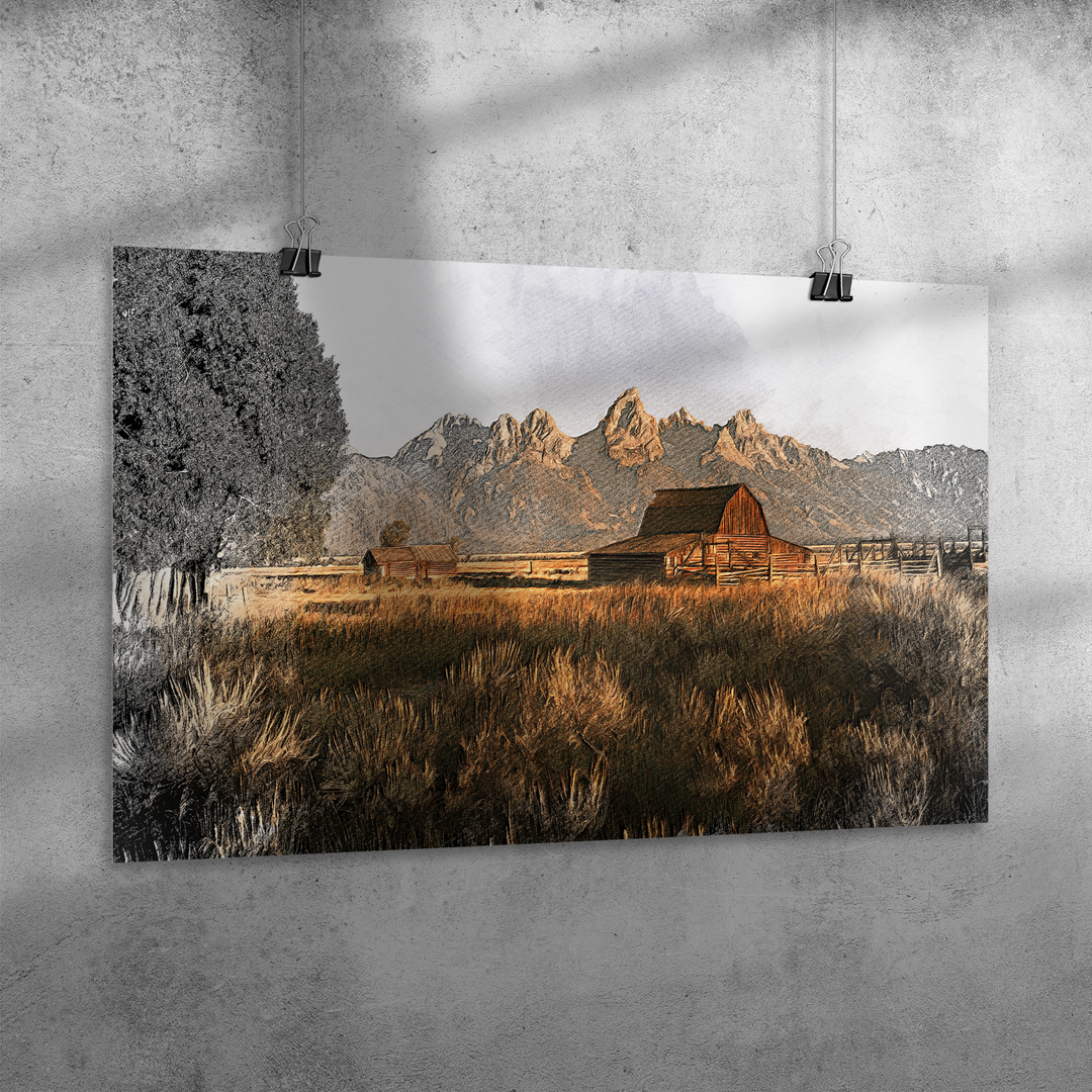 Poster: 36x24 Pencil Drawing Style Tetons Wall Art AnywherePOD