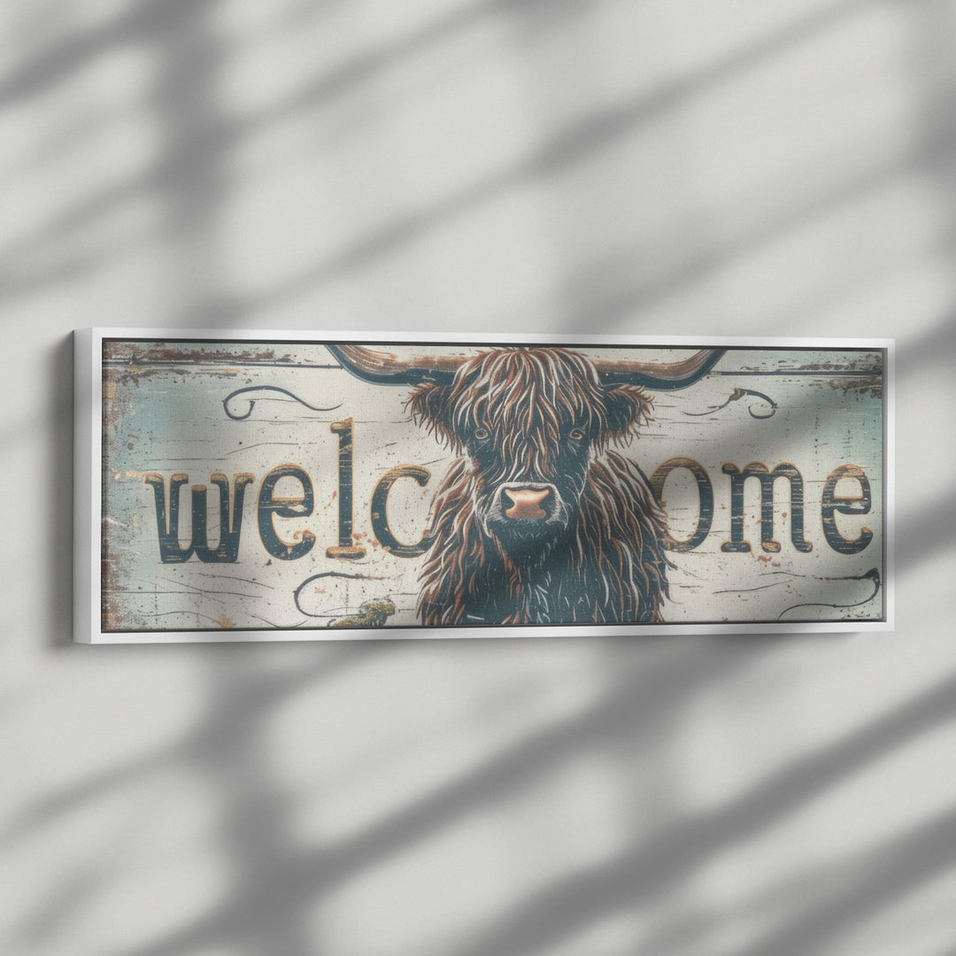 framed canvas/highland cow on a panoramic framed canvas used as welcome sign Canvas teelaunch White 12" x 36"