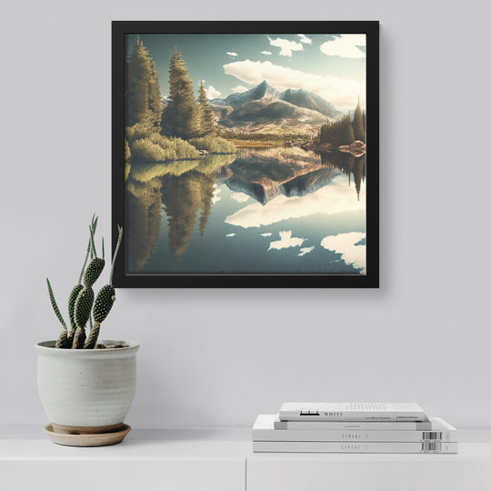 framed mountain lake image on a square canvas Canvas teelaunch Black 8x8