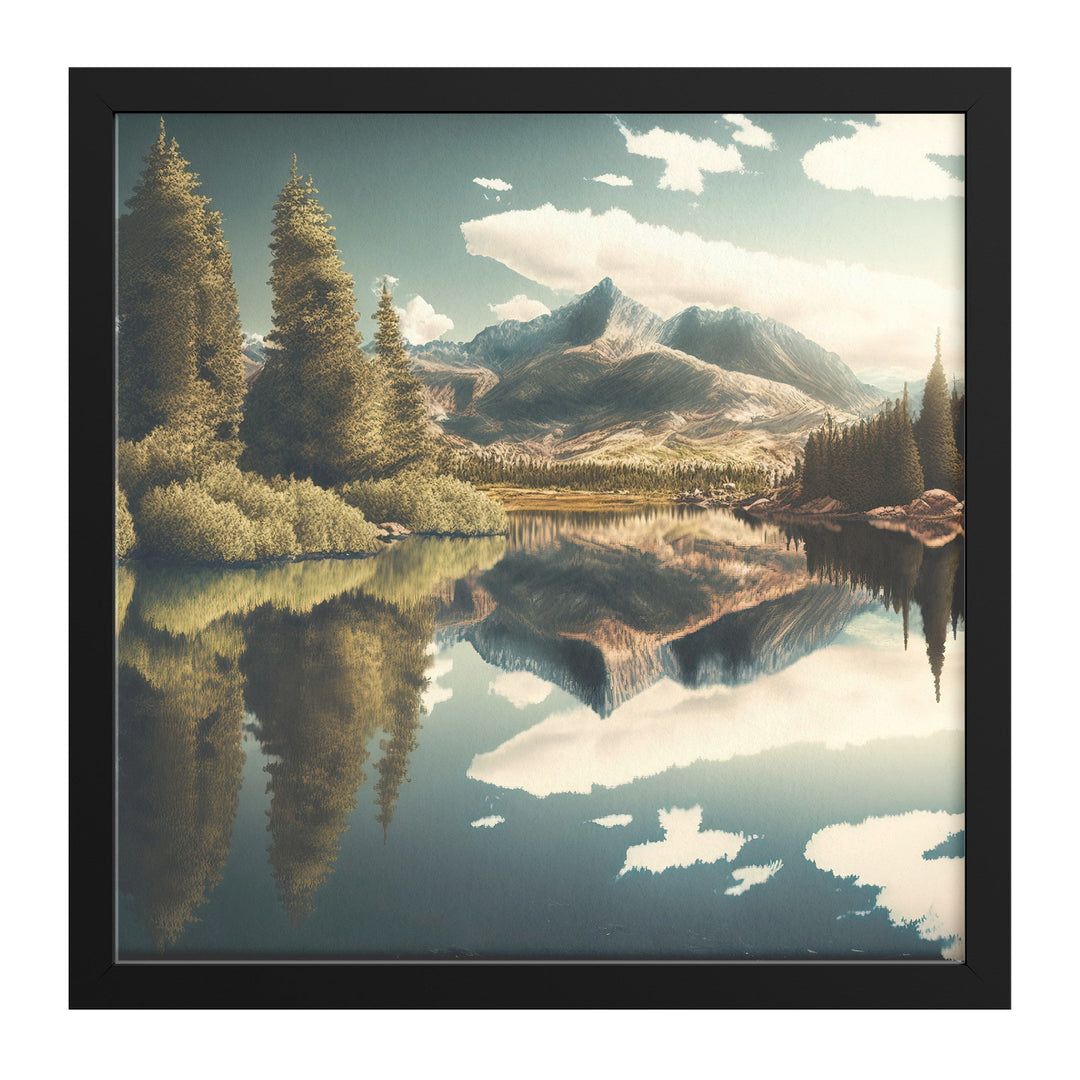 framed mountain lake image on a square canvas Canvas teelaunch