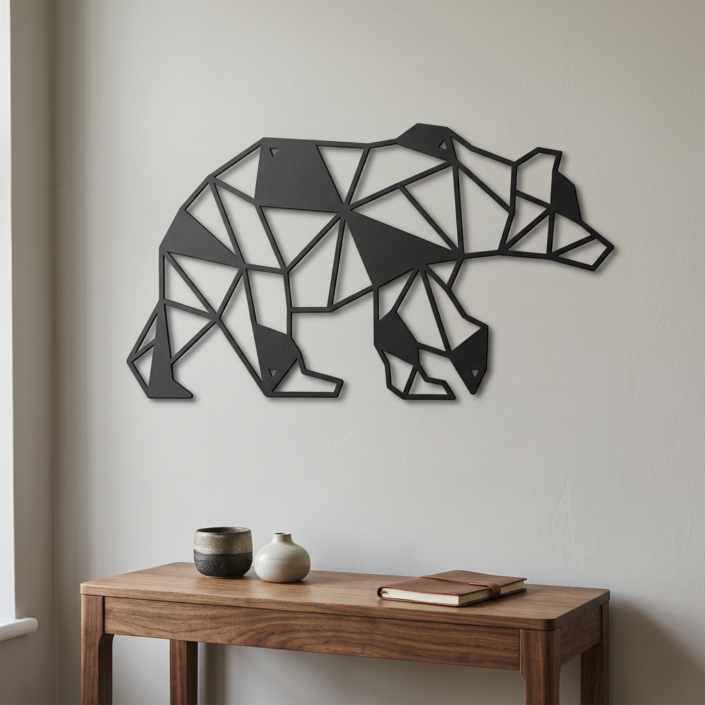 Geometric bear wall art in a modern rustic den