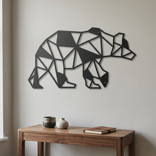 Geometric bear wall art in a modern rustic den