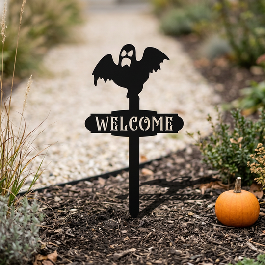 Ghost Welcome metal yard sign beside an autumn garden path