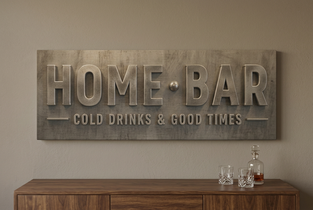 Home Bar canvas print above a walnut bar cabinet