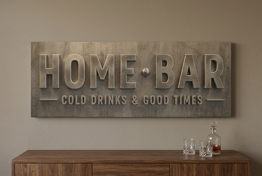 Home Bar canvas print above a walnut bar cabinet