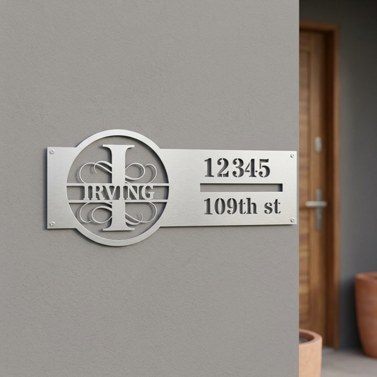 Silver I monogram personalized address sign entryway mockup