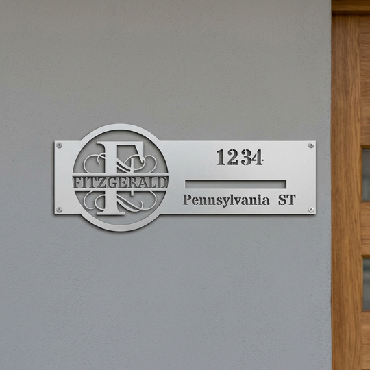 Silver F monogram personalized metal address sign entryway mockup