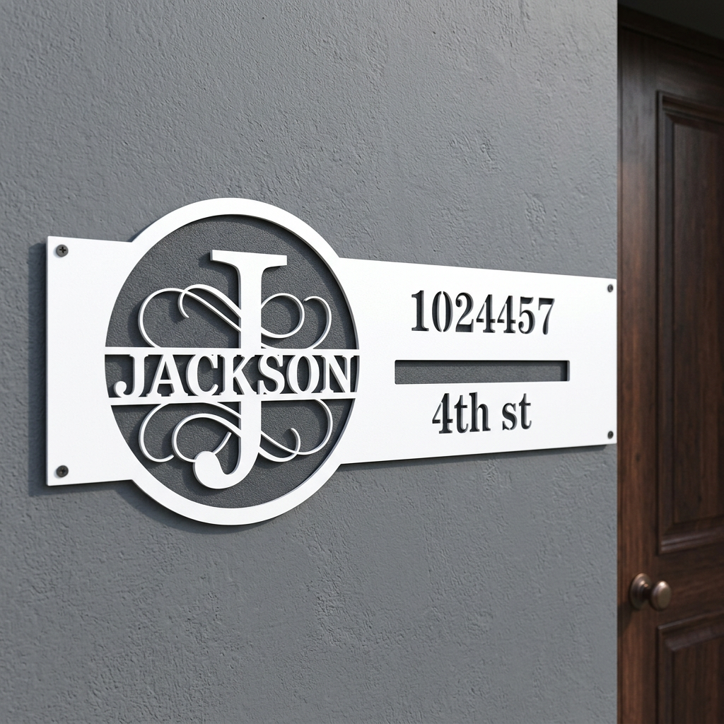 White J monogram personalized address sign entryway mockup