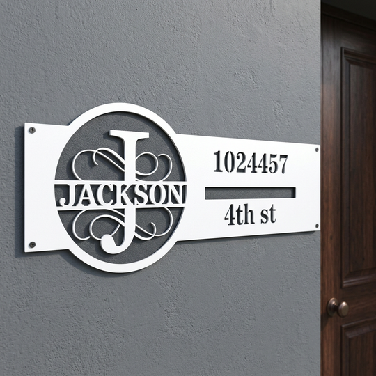 White J monogram personalized address sign entryway mockup