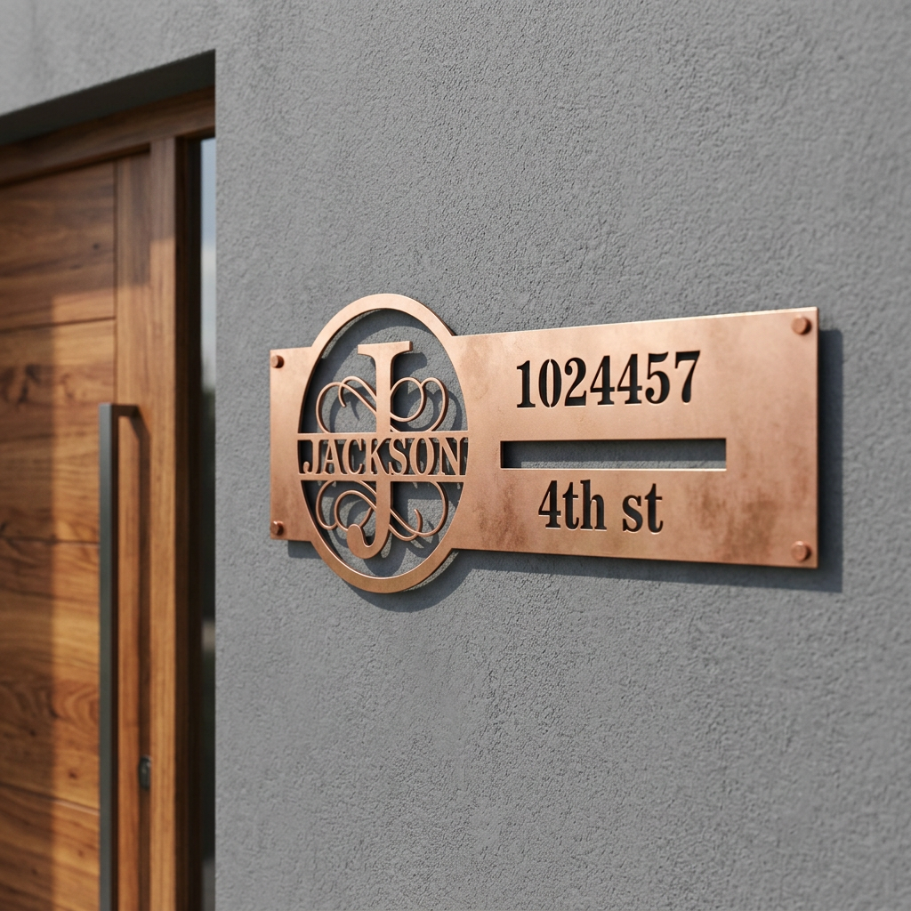 Copper J monogram personalized address sign entryway mockup