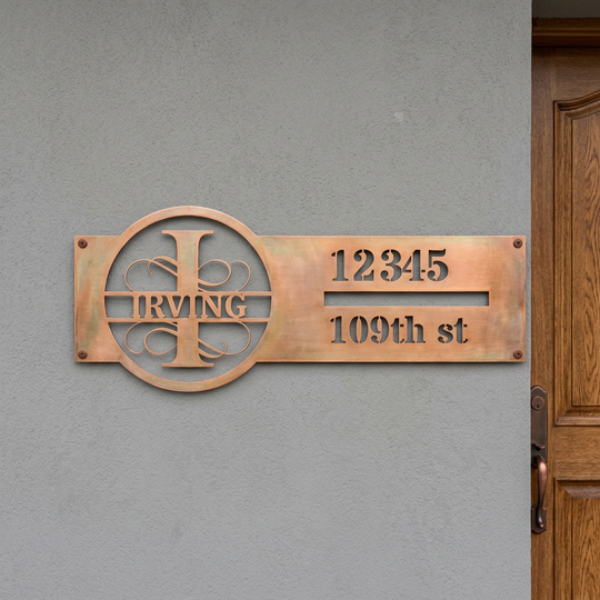 Copper I monogram personalized address sign entryway mockup