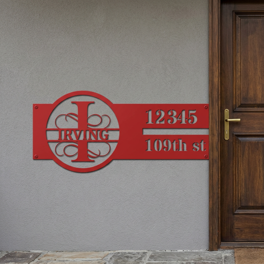Red I monogram personalized address sign entryway mockup