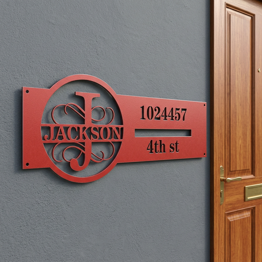 Red J monogram personalized address sign entryway mockup