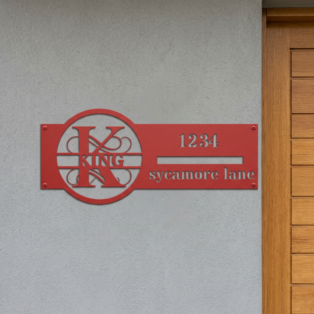 Red K monogram personalized address sign entryway mockup