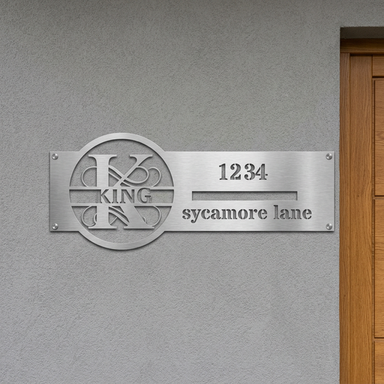 Silver K monogram personalized address sign entryway mockup
