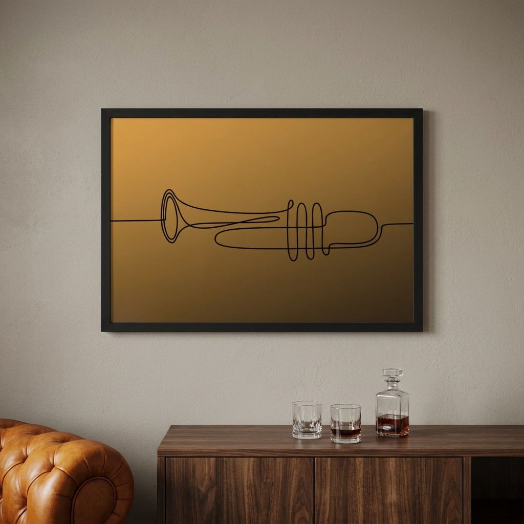 Framed trumpet print in a home jazz bar