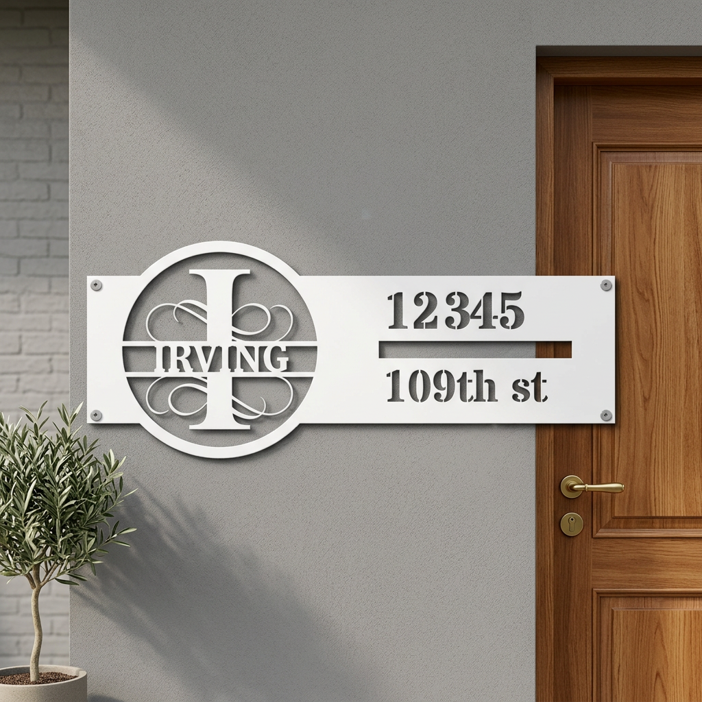 White I monogram personalized address sign entryway mockup