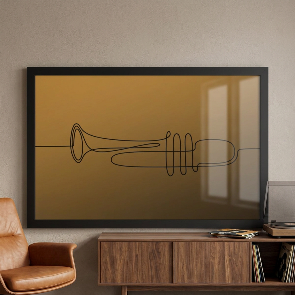 Gold-tone minimalist trumpet wall art in a black frame, displayed in a home jazz lounge