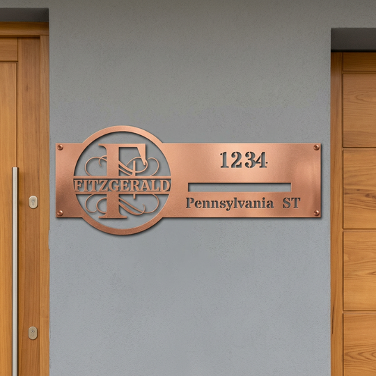 Copper F monogram personalized metal address sign entryway mockup