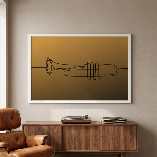 Gold-tone minimalist trumpet wall art in a white frame, displayed in a home jazz lounge