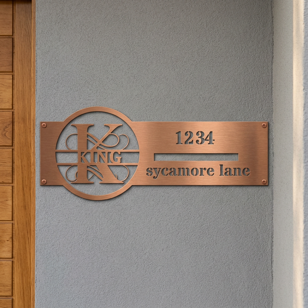 Copper K monogram personalized address sign entryway mockup