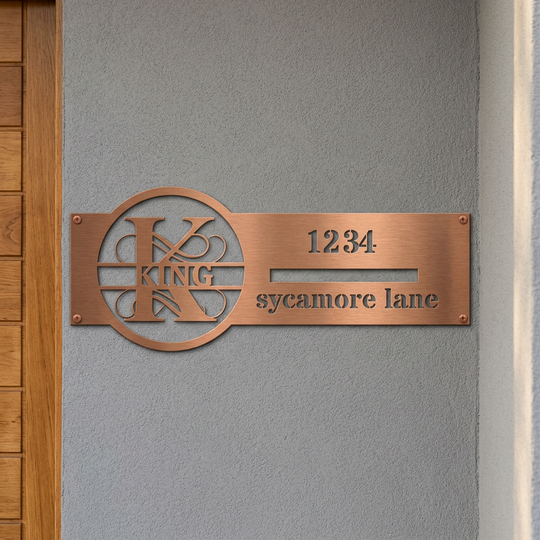 Copper K monogram personalized address sign entryway mockup