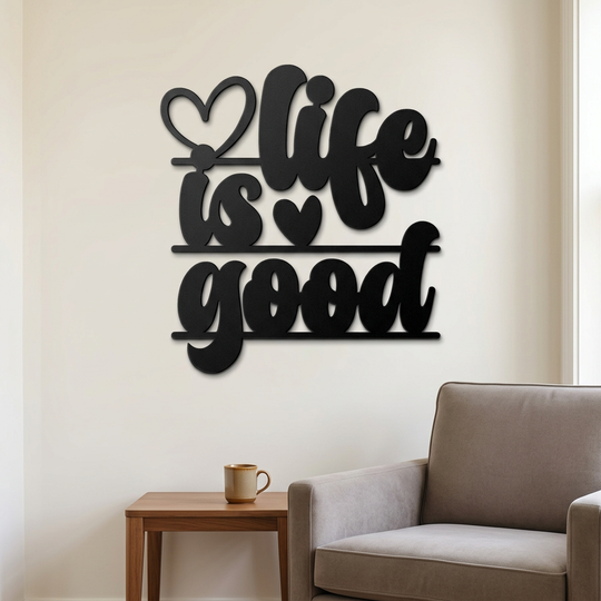 Life Is Good metal sign in a cozy sitting nook