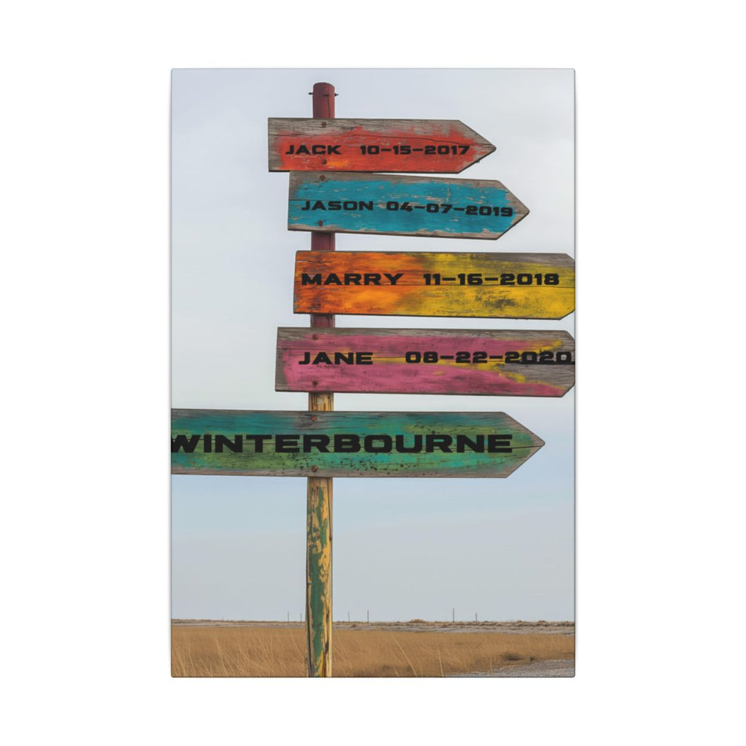 Custom Directional Sign Canvas - Rustic Personalized Art Family names and birthdate