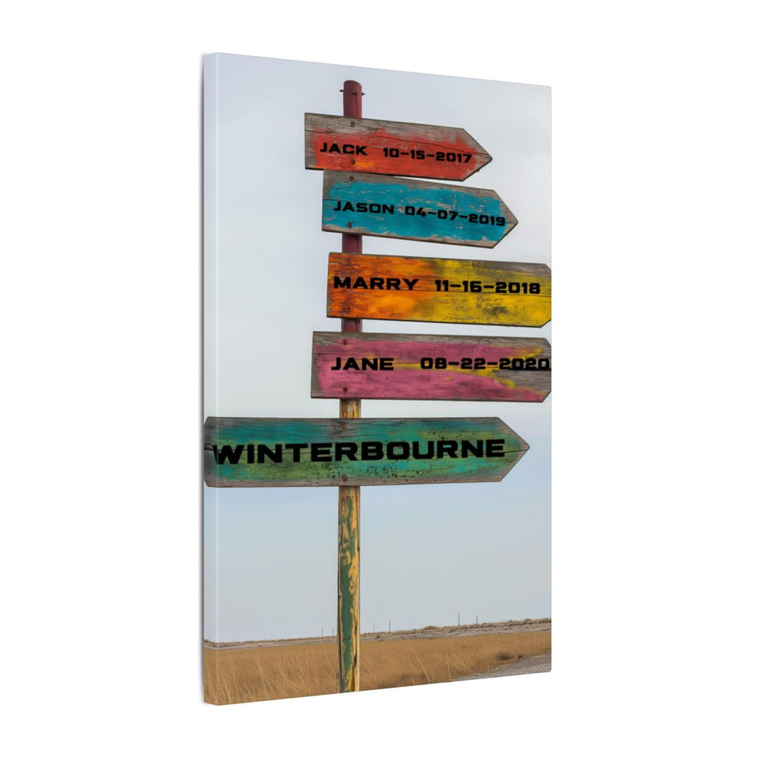Custom Directional Sign Canvas - Rustic Personalized Art Family names and birthdate