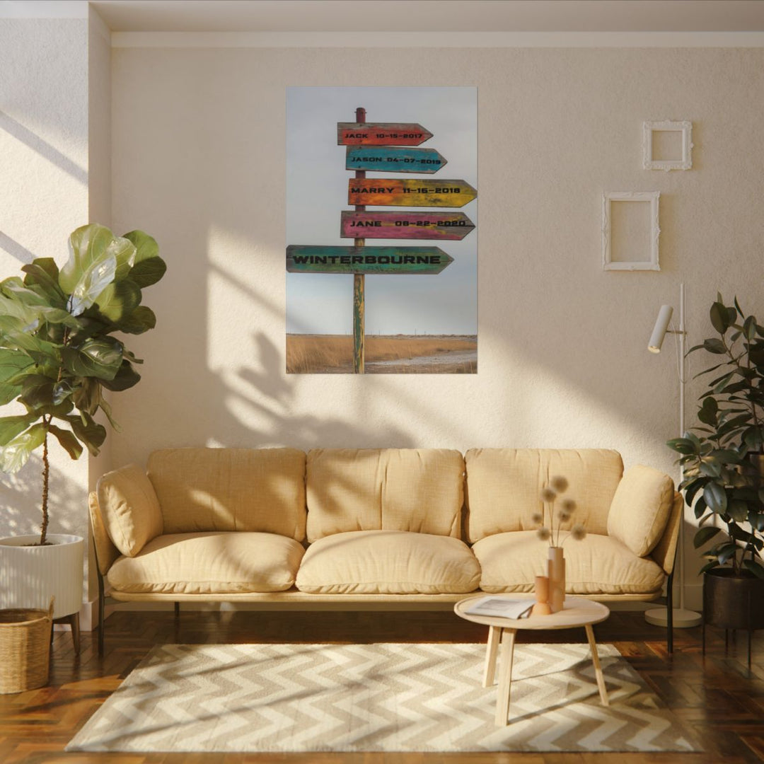 Custom Directional Sign Canvas - Rustic Personalized Art Family names and birthdate