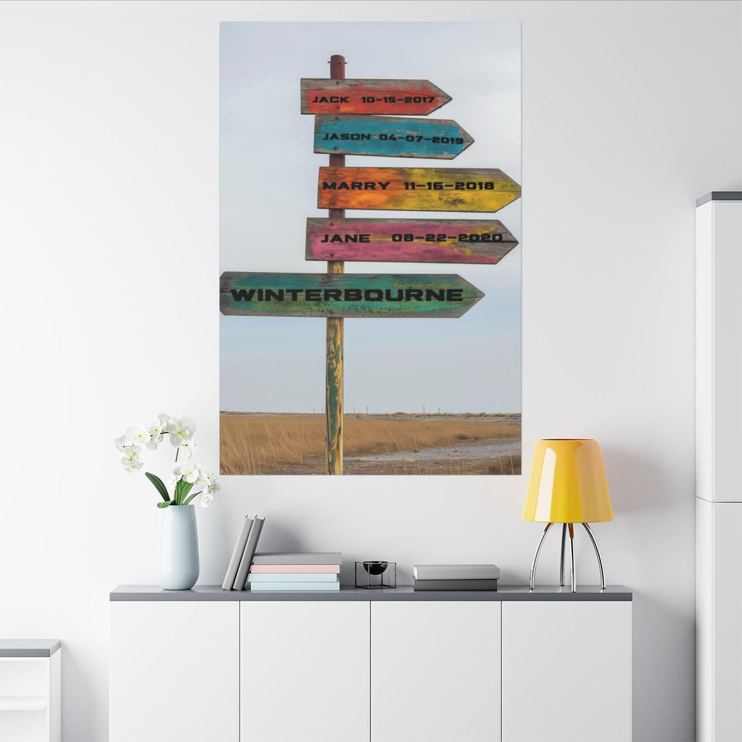 Custom Directional Sign Canvas - Rustic Personalized Art Family names and birthdate