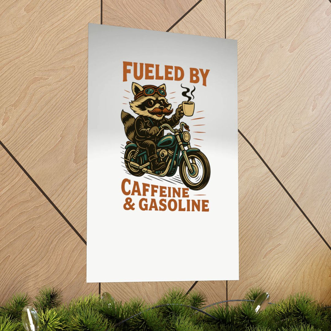 Funny Raccoon Motorcycle Coffee Poster | Caffeine &amp; Gasoline